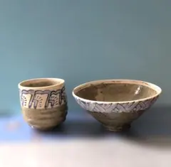 作家の陶器♡ 陶継ぎ手描き染め付け湯呑みと大振り茶碗♪深鉢