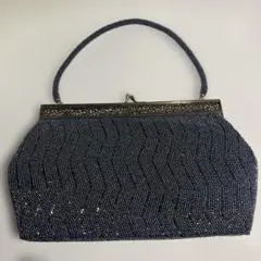 ヴィンテージ 70s総ビーズ バッグ グレー系 口金透かし彫刻 パーティ 和装