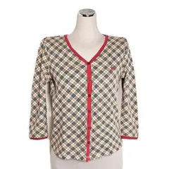 バーバリーブルーレーベル7分袖カーディガンショート ノバチェック ×赤 ロゴ刺繍