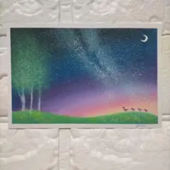 カルガモ親子と湖畔の風景画 オイルパステル画 原画 ハガキサイズ絵画