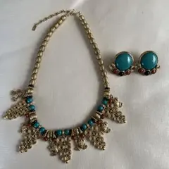 ターコイズ ゴールド ネックレス イヤリングセット