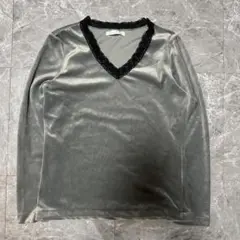 FIRST ON グレー 長袖 Tシャツ ベロア 【405】