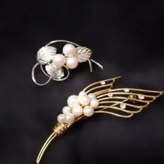 パールと葉のデザインブローチセット
