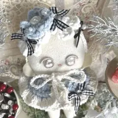 ぬい服 12cm ヘッドドレス お花モチーフ 水色×黒 ギンガムチェックリボン