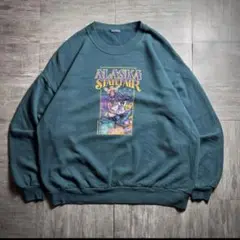 【90's〜00's】フロントプリントスウェット　グリーン　Lサイズ相当