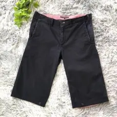 R NEWBOLD【L】黒 ハーフパンツ 裏地チェック フリンジ加工 コットン