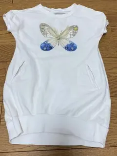 120cm蝶柄ラインストーン付きTシャツワンピース ホワイト レギンスコーデに