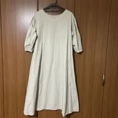 イエロー ストライプ 七分袖ワンピース　M