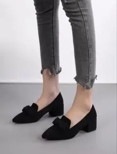 SHEIN リボン付きブラックパンプス 　ローファー