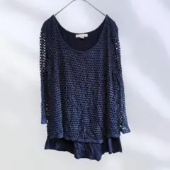 ゆったり✨重ね着風 チュニック 紺 メッシュ 透け感 体型カバー 大人可愛い