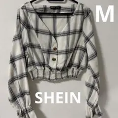 SHEIN チェック柄　クロップド丈　長袖ブラウス　ホワイト　Mサイズ