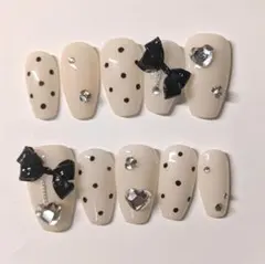 【現品限り】ネイルチップ ドット リボン ハート 韓国 フレンチガーリー