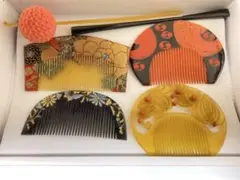 本日大幅お値下げ❣️アンティーク　螺鈿細工櫛とかんざし6点セット　金箔　珊瑚　漆