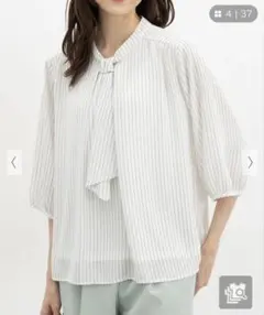 ６分袖アクセ付ボウタイブラウス ストライプ