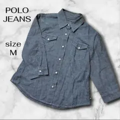 POLO JEANS 綿100デニム調シャツ M 前側ホック ブルー系