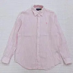 ポロラルフローレン　リネン　ストライプ　シャツ　長袖　ホワイト　ピンク　春夏　M