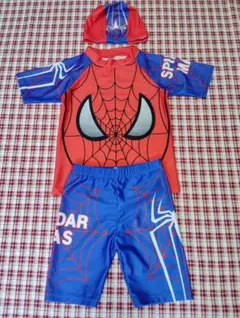 ラッシュガード、パンツ、帽子セット赤×青×クモ柄水着3点セット 100cm