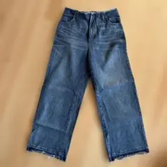 ワイドレッグデニム インディゴブルー フリンジ裾