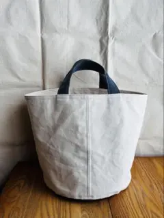 帆布丸底トートバッグ＊キナリ+ネイビー+パッチワーク＊LL＊ハンドメイド