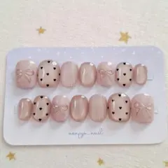 ベージュ系♡マグネット・ドット・リボンネイルチップ♡ショートオーバル14本
