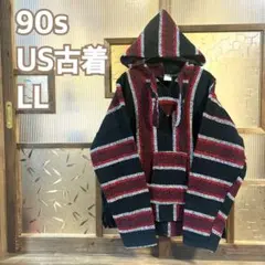 90s US古着 Vネックメキシカンパーカー　LL相当　マルチカラー裏起毛