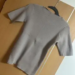 ピンクグレー リブ編み 半袖ニット Mサイズ