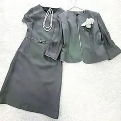 シンプル ママスーツ ノーカラージャケットワンピース ウエストリボン