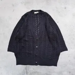 透かし編みカーディガン ネイビー 7分袖 リネン混 ゆったり 森ガール グランジ