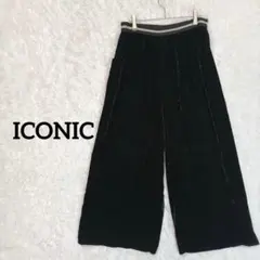 アイコニック/ベロア生地ワイドパンツ L ウエストゴム エレガント 黒 秋冬