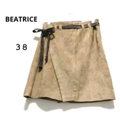 ベアトリス 38 ブラウン スエード風 ラップデザインフレアスカート リボン