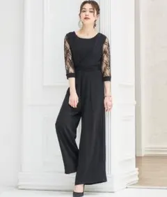 パーティー結婚式 ジャンプスーツ パンツドレス レース袖 オールインワン2way