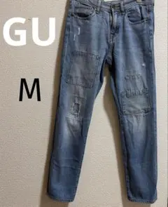 GU パッチワークデザイン M デニム　ダメージ