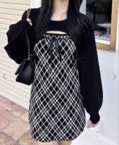 INGNI デコルテオープンチェック柄切替ニットワンピース