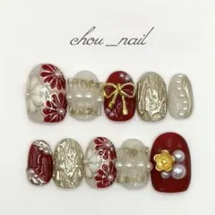 【現品・サイズ変更可能】 セール中‼️No.4ネイルチップ成人式振袖袴和柄赤前撮り