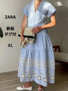 新品タグ付き　ZARA ストライプ半袖シャツワンピース　カットワーク　刺繍レース