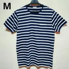 ●GU半袖ボーダーTシャツ　丸首コットンTシャツ　綿100%　紺×白　Mのサムネイル