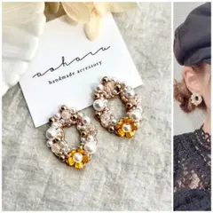 【再販】ウェディング パール・クラック×ゴールドフラワーリースピアス/イヤリング