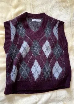 ZARA・アーガイルニットベスト 15%ウール混
