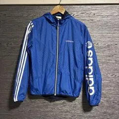 アディダス　ナイロンジャケット　フード付き　ブルー　S