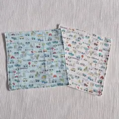 ガーゼハンカチ 6重ガーゼ 男の子 車 白 水色