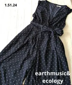 【earthmusic&ecology】フリーサイズ　ネイビー白水玉　サロペットのサムネイル