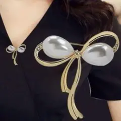 【ゴールド】 パール ブローチ リボン型 ピンブローチ 大粒 入学式 卒業式