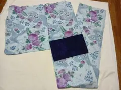 浴衣　紫花柄身丈163 麻の葉模様紺色半帯 夏祭り 花火大会　アンティーク