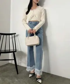 NICE CLAUP 裾レース付き デニムパンツ
