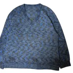 【Vネックニット】 ミックスブルー グレー ゆるっとシルエット 男女兼用 秋冬