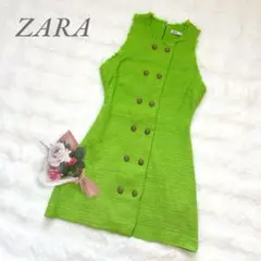 ザラ◆ツイード ミニワンピース(XS)黄緑 鮮やか 金ボタン フリンジ 大人女子