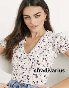 ストラディバリウス 花柄ポプリンシャツ ディープVネック バックシャーリング Mのサムネイル