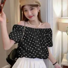 GRL ドット柄オフショルダーショート丈ブラウス
