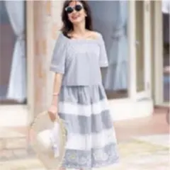 chesty（H04240）ストライプ 刺繍　レース 花　ロングスカート