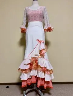 フラメンコ衣装　ハイウェストツーピース　アイボリー✖️サーモンピンク　Sサイズ